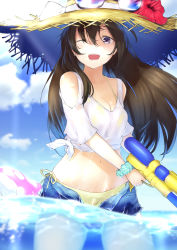 Rule 34 | 1girl, ;d, bad id, bad pixiv id, bikini, blouse, blue scrunchie, blue shorts, blue sky, breasts, brown hair, cleavage, cloud, dabuki, day, denim, denim shorts, floating hair, gun, hat, hat ribbon, highres, holding, holding gun, holding weapon, long hair, medium breasts, navel, one eye closed, open clothes, open mouth, open shorts, original, outdoors, partially underwater shot, purple eyes, ribbon, scrunchie, shirt, short shorts, shorts, side-tie bikini bottom, sky, smile, solo, standing, stomach, straw hat, swimsuit, tied shirt, torn clothes, torn shorts, wading, water gun, weapon, wet, wet clothes, wet shirt, white ribbon, white shirt, wrist scrunchie, yellow bikini, yellow hat