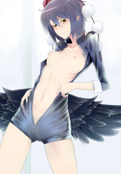 Rule 34 | 1girl, black hair, blush, bodysuit, breasts, breasts apart, brown eyes, cameltoe, colored eyelashes, female focus, hat, looking at viewer, low wings, medium breasts, navel, open bodysuit, open clothes, parody, pointy ears, sakurai energy, shameimaru aya, short hair, skin tight, solo, style parody, tokin hat, touhou, unzipped, wavy mouth, wings