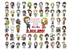 Rule 34 | 00s, 6+boys, 6+girls, adele (baccano!), adjusting eyewear, baccano!, bag, bandana, barrel, beard, berga gandor, black eyes, black hair, blonde hair, blue eyes, bow, bowtie, brown eyes, brown hair, camera, carol, carol (baccano), chair, chane laforet, chibi, christopher, christopher shouldered, claire stanfield, coat, czeslaw meyer, desk, dress, drum (container), dual wielding, edith, edith (baccano!), elmer albatross, ennis, eve genoard, everyone, eyepatch, closed eyes, facial hair, firo prochainezo, flower, formal, glasses, gloves, graham specter, green eyes, grin, gustav st-germain, hair flower, hair ornament, hair over one eye, hat, holding, hot dog, huey laforet, inspector edward, isaac dian, jacuzzi splot, keith gandor, knife, ladd russo, lua klein, luck gandor, maiza avaro, maria barcelito, mask, miria harvent, monocle, multiple boys, multiple girls, mustache, necktie, nice holystone, old, old man, phil (baccano), polearm, rachel (baccano!), rail (baccano), red eyes, red hair, reverse trap, ricard russo, riza laforet, rose, roy maddock, scar, scissors, sickle (baccano), smile, spear, suit, sword, sylvie lumiere, tattoo, tears, tick jefferson, tock jefferson, traditional bowtie, trench coat, weapon, white background, wrench, yellow eyes