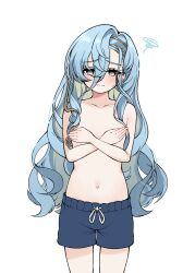 Rule 34 | 1girl, 37 (reverse:1999), aqua eyes, blue hair, blush, collarbone, covering breasts, covering privates, embarrassed, flat chest, frown, hair between eyes, highres, kkoma, korean commentary, long hair, looking at viewer, male swimwear challenge, navel, reverse:1999, simple background, solo, squiggle, sweatdrop, very long hair, white background