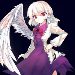 Rule 34 | 1girl, alphes (style), aya (ay-atlantis), black background, bow, bowtie, jacket, kishin sagume, long sleeves, looking at viewer, parody, red eyes, simple background, single wing, skirt, solo, style parody, touhou, white hair, wings