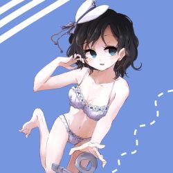 Rule 34 | 1girl, anchor, bad id, bad twitter id, barefoot, bikini, black hair, blue background, blue eyes, bow, breasts, earrings, embroidery, hat, hat ribbon, hisona (suaritesumi), jewelry, leg lift, murasa minamitsu, navel, open mouth, panties, ribbon, sailor hat, short hair, simple background, smile, solo, striped, swimsuit, touhou, underwear, underwear only