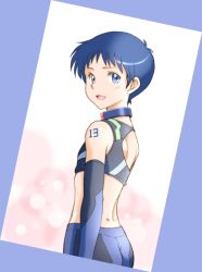 Rule 34 | 1boy, adapted costume, ass, bad id, bad pixiv id, blue eyes, blue hair, collar, ebi-rom, elbow gloves, from behind, gloves, ikari shinji, looking back, male focus, matching hair/eyes, midriff, neon genesis evangelion, open mouth, race queen, short hair, solo, standing