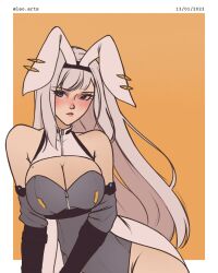 Rule 34 | 1girl, animal ears, blue eyes, blush, breast tattoo, breasts, cleavage, cleavage cutout, clothing cutout, ethel (xenoblade), gloves, grey hair, highres, lao arts, large breasts, leotard, long hair, looking at viewer, playboy bunny, rabbit ears, simple background, smile, solo, tattoo, upper body, very long hair, xenoblade chronicles (series), xenoblade chronicles 3