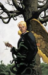 Rule 34 | 1boy, angel wings, bare tree, black jacket, blonde hair, christopher moeller, cobra (animal), cocktail glass, cup, cupping glass, dc comics, drinking glass, feathered wings, formal, from side, hand in pocket, handkerchief, highres, holding, holding cup, holding drinking glass, jacket, light smile, lips, long sleeves, looking at viewer, lucifer (series), lucifer morningstar, male focus, official art, signature, smile, snake, solo, suit, tan, too many, tree, tuxedo, wine glass, wings, yellow wings