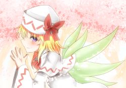 Rule 34 | 1girl, blonde hair, blue eyes, blush, bow, capelet, fairy wings, from side, hat, hat bow, highres, lily white, solo, steepled fingers, takorice, touhou, wide sleeves, wings