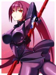 Rule 34 | 1girl, armor, ass, bodysuit, breasts, fate/grand order, fate (series), large breasts, long hair, nachisuke (nachi comic), open mouth, pantyhose, parted lips, polearm, purple hair, red eyes, scathach (fate), shiny clothes, skin tight, solo, spear, very long hair, weapon