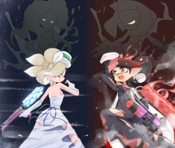 Rule 34 | 2girls, back, bad id, bad twitter id, bare shoulders, black dress, black gloves, black hair, brown eyes, callie (splatoon), closed eyes, commentary, cousins, dress, earrings, elbow on knee, evil grin, evil smile, fang, fighting, fire, gloves, gradient hair, grey hair, grin, gun, hairband, highres, holding, holding gun, holding weapon, ice, inkling, jewelry, long dress, long hair, marie (splatoon), marina (splatoon), mask, multicolored hair, multiple girls, nintendo, octoling, open mouth, pearl (splatoon), pointy ears, praying, red hair, shoulder blades, silhouette, smile, smoke, splat charger (splatoon), splat roller (splatoon), strapless, strapless dress, sukeo (nunswa08), tentacle hair, torn clothes, torn dress, very long hair, weapon, white dress, white gloves, white hairband