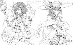 Rule 34 | 2girls, absurdres, animal ears, areaaaron, arknights, breasts, cat ears, character request, cleavage, coat, dress, ears through headwear, greyscale, hairband, hat, highres, holding, looking at viewer, monochrome, multiple girls, off shoulder, simple background, smile, sun hat, thighhighs, white background