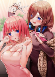 Rule 34 | 2girls, absurdres, adjusting hair, blunt bangs, blush, breasts, brown dress, brown hair, collarbone, comb, commentary request, cutting hair, dress, fingernails, go-toubun no hanayome, hachiroku (hatirokusann86), hair between eyes, headphones, headphones around neck, highres, holding, holding comb, holding scissors, indoors, large breasts, long hair, long sleeves, looking at another, multiple girls, nakano miku, nakano nino, open mouth, parted lips, pink dress, pink hair, purple eyes, scissors, siblings, sidelocks, sisters, sleeveless, sleeveless dress, smile, upper body