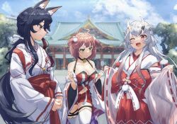 Rule 34 | 3girls, :d, :t, black hair, blush, breasts, commentary, gradient hair, highres, hololive, japanese clothes, large breasts, long hair, looking at another, low ponytail, miko, multicolored hair, multiple girls, nakiri ayame, nakiri ayame (shrine maiden), official alternate costume, ookami mio, open mouth, pink hair, red tank top, sakura miko, sakura miko (work), short hair, shrine, smile, tank top, thighhighs, very long hair, virtual youtuber, white thighhighs, wide sleeves, yuki wei