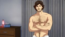 Rule 34 | 1boy, abs, bara, brown hair, chest hair, coming out on top, facial hair, green eyes, ian manachevitz (coming out on top), indoors, looking at viewer, male focus, muscular, nipples, official art, pectorals, short hair, smile, solo, standing, towel