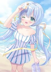Rule 34 | 1girl, ;d, alternate costume, arm at side, arm up, beach, blue hair, blue sky, blush, breasts, collarbone, colored eyelashes, commentary request, commission, cowboy shot, day, dress, dutch angle, eyes visible through hair, foreshortening, frilled dress, frills, glint, green eyes, hair between eyes, hair ribbon, happy, highres, holding, holding jar, holding sandals, hoshimame mana, hoshino yumemi, jar, long hair, long ribbon, low twintails, ocean, one eye closed, open mouth, outdoors, planetarian, ribbon, sandals, second-party source, short dress, skeb commission, sky, small breasts, smile, solo, standing, twintails, very long hair, white dress, white footwear, yellow ribbon