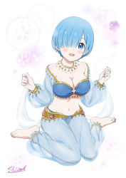 Rule 34 | 1girl, :d, alternate costume, anklet, barefoot, blue bra, blue eyes, blue hair, blue panties, blue sleeves, blush, bra, bracelet, breasts, cleavage, collarbone, commission, full body, hair over one eye, harem outfit, highres, jewelry, large breasts, long sleeves, looking at viewer, midriff, navel, necklace, open mouth, panties, pixiv commission, re:zero kara hajimeru isekai seikatsu, rem (re:zero), see-through, see-through sleeves, shiima, short hair, signature, sitting, smile, solo, stomach, strapless, strapless bra, underwear, wariza, white background
