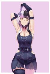 Rule 34 | 1girl, absurdres, arm up, armpits, belt, black belt, black choker, black gloves, black hair, black overalls, black thighhighs, breasts, choker, cleavage, elbow gloves, erasorpepero, gloves, highres, hololive, hololive english, lace-trimmed choker, lace trim, large breasts, looking at viewer, medium hair, multicolored hair, overalls, shiori novella, single thighhigh, smile, solo, split-color hair, striped clothes, striped gloves, thighhighs, virtual youtuber, white hair, yellow eyes