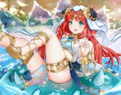 Rule 34 | 1girl, absurdres, aqua eyes, blurry, blurry background, blush, breasts, brooch, bubble, circlet, clothing cutout, comodomodo, crop top, foot out of frame, genshin impact, gladiator sandals, gold trim, highres, horns, jewelry, legs up, long hair, long sleeves, looking at viewer, nail polish, neck ring, nilou (genshin impact), open mouth, parted bangs, pelvic curtain, puffy long sleeves, puffy sleeves, raised eyebrows, red hair, sandals, shrug (clothing), simple background, slime (genshin impact), small breasts, solo, thighlet, thighs, twintails, vambraces, veil, wet
