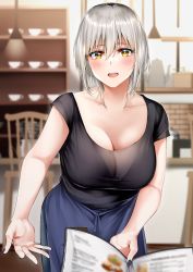 Rule 34 | 1girl, absurdres, black nails, blue skirt, blush, breasts, cleavage, commentary request, grey hair, hair between eyes, highres, holding, indoors, large breasts, len (hand linke), long hair, looking at viewer, nail polish, open mouth, original, shirt, skirt, smile, upper body, yellow eyes