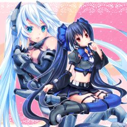 Rule 34 | 10s, 2girls, black hair, black heart (neptunia), blue hair, blue thighhighs, boots, breasts, cleavage, cleavage cutout, clothing cutout, detached sleeves, dual persona, elbow gloves, female focus, gloves, green eyes, kami jigen game neptune v, long hair, looking at viewer, midriff, monchi (kashiwa2519), multiple girls, navel, neptune (series), noire (neptunia), red eyes, skirt, thigh boots, thighhighs, twintails, very long hair, white hair