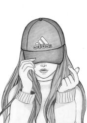 Rule 34 | 1girl, adidas, covering face, female focus, fingernails, hand gesture, hat, hiding face, lips, long hair, long sleeves, money gesture, monochrome, non-web source, simple background, sketch, solo, sweater, white background