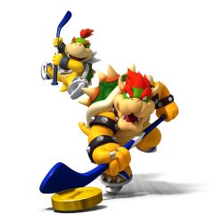 Rule 34 | 2boys, absurdres, bowser, bowser jr., father and son, highres, hockey, koopa, male focus, mario (series), multiple boys, nintendo, shell, playing sports, stick, super mario bros. 1
