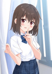 Rule 34 | 1girl, absurdres, blue bow, blue skirt, blush, bow, breasts, brown eyes, brown hair, collared shirt, commentary request, curtain grab, curtains, diagonal stripes, hair between eyes, hands up, highres, index finger raised, indoors, looking at viewer, mousou (mousou temporary), original, parted lips, pleated skirt, school uniform, shirt, short sleeves, skirt, small breasts, solo, striped, striped bow, white shirt, window