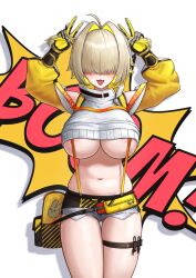 Rule 34 | 1girl, :3, absurdres, ahoge, areola slip, blonde hair, breasts, clothing cutout, cropped jacket, cropped legs, double v, elegg (nikke), fang, gloves, goddess of victory: nikke, hair intakes, hair over eyes, highres, ilbanseomin, jacket, large breasts, long bangs, long sleeves, medium hair, navel, open mouth, short shorts, shorts, shoulder cutout, solo, standing, thigh strap, tongue, underboob, v, white jacket