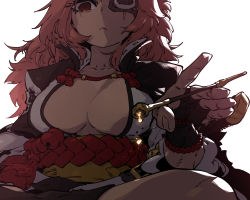 Rule 34 | 1girl, baiken, black gloves, breasts, breasts apart, closed mouth, commentary, dark, eyepatch, fingerless gloves, frown, gloves, guilty gear, guilty gear xrd, highres, holding, katana, kiseru, large breasts, long hair, looking at viewer, obi, one eye covered, red eyes, red hair, sash, scar, scar across eye, scar on face, simple background, smoking pipe, solo, ssambatea, sword, weapon, white background
