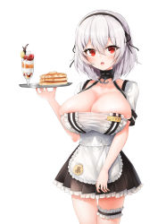 Rule 34 | 1girl, alternate costume, anchor choker, apron, azur lane, breasts, bursting breasts, choker, cleavage, closed mouth, commentary request, cowboy shot, dress, enmaided, food, frilled apron, frilled garter, frills, hairband, highres, holding, holding tray, huge breasts, ice cream, lace-trimmed hairband, lace trim, macchiato (jae-min cho), maid, maid apron, name tag, pancake, red eyes, short hair, sirius (azur lane), sundae, tray, white background, white hair