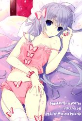 Rule 34 | 1girl, absurdres, bare shoulders, bed, blue eyes, bow, camisole, collarbone, dress, garter straps, hand on thigh, highres, huge filesize, light purple hair, looking at viewer, lying, on back, panties, pillow, pink bow, pink panties, purple hair, solo, spaghetti strap, strap slip, strapless, strapless dress, suzuhira hiro, thigh strap, thighhighs, thighs, underwear, white thighhighs