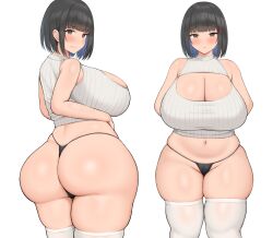 Rule 34 | absurdres, ass, black hair, blunt bangs, blush, breasts, brown eyes, cleavage, cleavage cutout, clothing cutout, from behind, g-string, hair ornament, highres, huge ass, huge breasts, neneneji, original, plump, short hair, standing, thick thighs, thighhighs, thighs, thong, white thighhighs, wide hips