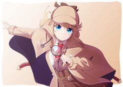 Rule 34 | 1girl, aoi kanan, blonde hair, blue eyes, breasts, brown coat, brown headwear, brown skirt, coat, collared shirt, deerstalker, hair ornament, hat, high-waist skirt, highres, holding, holding magnifying glass, hololive, hololive english, large breasts, magnifying glass, necktie, pocket watch, red necktie, shirt, short hair, skirt, smile, virtual youtuber, watch, watson amelia, watson amelia (1st costume), white shirt