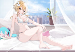 Rule 34 | 1girl, bare arms, bare legs, bare shoulders, barefoot, bikini, blonde hair, blue sky, breasts, candy shunya, cleavage, commentary request, curtains, day, flower, genshin impact, hair flower, hair ornament, hatsune miku, highres, indoors, large breasts, long hair, looking at viewer, lumine (genshin impact), navel, pillow, plant, potted plant, sky, smile, solo, spring onion, stomach, swimsuit, thighs, vocaloid, white bikini, white flower