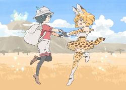 Rule 34 | 10s, 2girls, animal ears, backpack, bag, commentary request, day, holding hands, kaban (kemono friends), kemono friends, mitsumoto jouji, multiple girls, savannah, serval (kemono friends), serval print, serval tail, tail