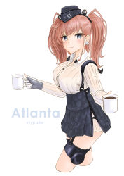 Rule 34 | 1girl, absurdres, artist name, atlanta (kancolle), black skirt, breasts, brown hair, character name, clothes writing, commentary request, cowboy shot, cropped legs, cup, earrings, garrison cap, grey eyes, grey skirt, hat, highres, jewelry, kantai collection, large breasts, long sleeves, looking at viewer, mug, pleated skirt, shirt, simple background, skirt, skypixter, solo, star (symbol), star earrings, suspender skirt, suspenders, two side up, white background, white shirt