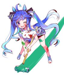 Rule 34 | 1girl, ;d, ahoge, animal ears, aqua hair, black ribbon, blue hair, blue shorts, commentary request, cross-laced footwear, gradient hair, grey footwear, hair ribbon, heterochromia, highres, holding, horse ears, horse girl, horse tail, kuma no omimi, leaning forward, long hair, looking at viewer, multicolored hair, one eye closed, open mouth, paint on body, paint on clothes, paint roller, painting (action), partial commentary, purple eyes, ribbon, sharp teeth, shirt, shirt straps, shoes, short shorts, short sleeves, shorts, sidelocks, simple background, smile, sneakers, solo, standing, t-shirt, tail, teeth, torn clothes, torn shirt, twin turbo (umamusume), twintails, umamusume, white background, white shirt
