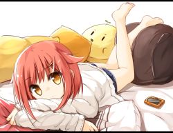 Rule 34 | 1girl, barefoot, bed sheet, bird-shaped pillow, blue shorts, closed mouth, crossed arms, hair ornament, hairclip, head tilt, legs up, letterboxed, long sleeves, looking at viewer, lying, on stomach, orange eyes, original, pillow, red hair, shirt, shorts, solo, white background, white shirt, yuuhagi (amaretto-no-natsu), | |