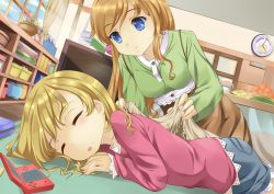 Rule 34 | 2girls, bad id, bad pixiv id, blonde hair, blue eyes, brown hair, covering with blanket, closed eyes, handheld game console, long hair, lying, multiple girls, nintendo ds, on stomach, onaka sukisuki, original, product placement, skirt, sleeping