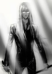 Rule 34 | 1boy, bishop (general), dogs: bullets &amp; carnage, dual wielding, glasses, grin, highres, holding, light rays, long hair, male focus, monochrome, nadzomi viro, opaque glasses, popped collar, smile, solo, sunbeam, sunlight