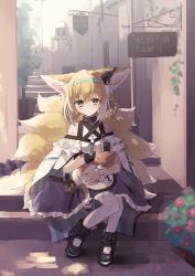 Rule 34 | absurdres, animal, animal ear fluff, animal ears, arknights, bare shoulders, black gloves, blonde hair, blue dress, braid, braided hair rings, cat, collar, commentary, dress, earpiece, flower, fox ears, fox tail, frilled dress, frills, gloves, green eyes, green headband, headband, highres, holding, holding animal, holding cat, id card, infection monitor (arknights), kitsune, kyuubi, light blush, matsuzaka (matsuzakagyu 29), multicolored hair, multiple tails, off-shoulder dress, off shoulder, open mouth, pantyhose, petals, pink flower, plant, pouch, shoes, short hair with long locks, sign, single glove, sitting, sneakers, stairs, strap, suzuran (arknights), tail, two-tone hair, white hair, white pantyhose, wristband