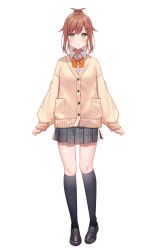Rule 34 | 1girl, absurdres, anzu (vtuber), anzu 1026, arms at sides, black footwear, black socks, bow, bowtie, brown hair, cardigan, character name, closed mouth, collared shirt, full body, green eyes, grey skirt, hair ornament, highres, indie virtual youtuber, kneehighs, light blush, loafers, looking at viewer, medium hair, orange bow, orange bowtie, plaid, plaid skirt, pleated skirt, school uniform, shirt, shoes, simple background, skirt, smile, socks, solo, transparent background, virtual youtuber, white shirt, x hair ornament