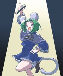 Rule 34 | 1girl, animal ears, brave fencer musashiden, capelet, dress, green hair, hairband, looking at viewer, michibata 65, mouse ears, mouse girl, mouse tail, open mouth, protected link, purple capelet, short hair, skirt, smile, solo, tail, topo (musashiden)