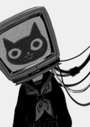 Rule 34 | 1girl, cable, cat, covered face, crt, greyscale, head tilt, highres, long sleeves, looking at viewer, monochrome, narue, neckerchief, pleated skirt, sailor collar, school uniform, serafuku, shirt, simple background, skirt, solo, static, white background
