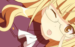 Rule 34 | 1girl, blonde hair, blunt bangs, dutch angle, face, glasses, highres, long hair, military, military uniform, one eye closed, perrine h. clostermann, solo, strike witches, tongue, uniform, vector trace, wallpaper, wink, world witches series, yellow eyes