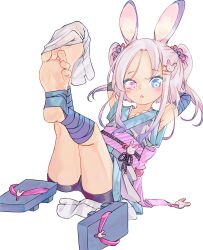 Rule 34 | 1girl, animal ears, armpits, bandaged arm, bandaged leg, bandages, barefoot, blue eyes, blush, buruma, chaosexceed, commentary, feet, foot focus, full body, hair ornament, heterochromia, highres, japanese clothes, kimono, medium hair, obi, open mouth, original, paid reward available, parted bangs, pink eyes, pink hair, rabbit ears, rabbit hair ornament, sash, sidelocks, sitting, sock pull, socks, solo, tabi, toes, twintails, undressing, white background