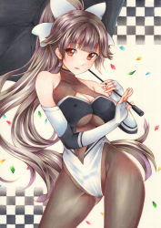 Rule 34 | 1girl, azur lane, bare shoulders, bodysuit, bow, breasts, brown eyes, brown hair, checkered background, cleavage, commentary request, confetti, elbow gloves, fingerless gloves, gloves, highres, holding, holding umbrella, leotard, looking at viewer, marker (medium), medium breasts, ponytail, saya pr, solo, takao (azur lane), takao (full throttle charmer) (azur lane), traditional media, umbrella, white background, white bow