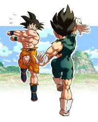 Rule 34 | 2boys, abs, ankle boots, arm at side, arm behind head, arm up, ass, black bodysuit, black eyes, black hair, blue footwear, blue sky, blue wristband, bodysuit, boots, border, clenched hands, clenched teeth, cloud, cloudy sky, dancing, day, dragon ball, dragon ball super, dragon ball super broly, dragonball z, facing away, flying sweatdrops, from behind, fusion dance, gloves, grass, highres, leg up, mountain, multiple boys, muscular, muscular male, narrow waist, nervous, orange pants, outdoors, outline, outstretched arms, pants, pea-bean, pectorals, rock, rope, sidelighting, sky, smile, son goku, spiked hair, standing, standing on one leg, teeth, torn bodysuit, torn clothes, torn pants, vegeta, vignetting, white border, white footwear, white gloves, white outline, wristband