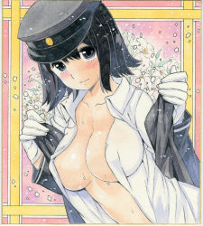 Rule 34 | 10s, 1girl, acrylic paint (medium), akitsu maru (kancolle), black eyes, black hair, blush, breasts, cleavage, collarbone, female focus, floral background, flower, gloves, grey eyes, hat, jacket, kantai collection, large breasts, long sleeves, looking at viewer, military, military uniform, nagy, daffodil, no bra, open clothes, open jacket, open shirt, painting (medium), pale skin, peaked cap, shikishi, shirt, short hair, shy, solo, sweat, traditional media, uniform, upper body, white gloves