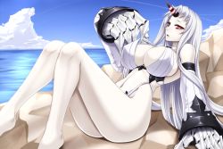 Rule 34 | 10s, 1girl, abyssal ship, adapted costume, akitsuki karasu, barefoot, bikini, breasts, center opening, cleavage, cloud, day, detached sleeves, horns, huge breasts, kantai collection, large breasts, legs, long hair, long legs, looking at viewer, lying, ocean, pale skin, red eyes, seaport princess, sideboob, single horn, sky, solo, swimsuit, thighs, white bikini, white hair