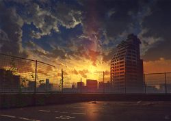 Rule 34 | broken, building, cloud, cloudy sky, commentary request, fence, mocha (cotton), no humans, outdoors, parking lot, plant, ruins, scenery, sky, skyline, skyscraper, sunset, tree