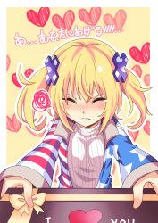 Rule 34 | 1girl, alternate hairstyle, american flag jacket, blonde hair, blush, box, clownpiece, commentary request, closed eyes, gift, gift box, heart, incoming gift, jacket, koissa, long sleeves, ribbed sweater, solo, star (symbol), star print, striped, sweater, tears, touhou, twintails, valentine, white sweater